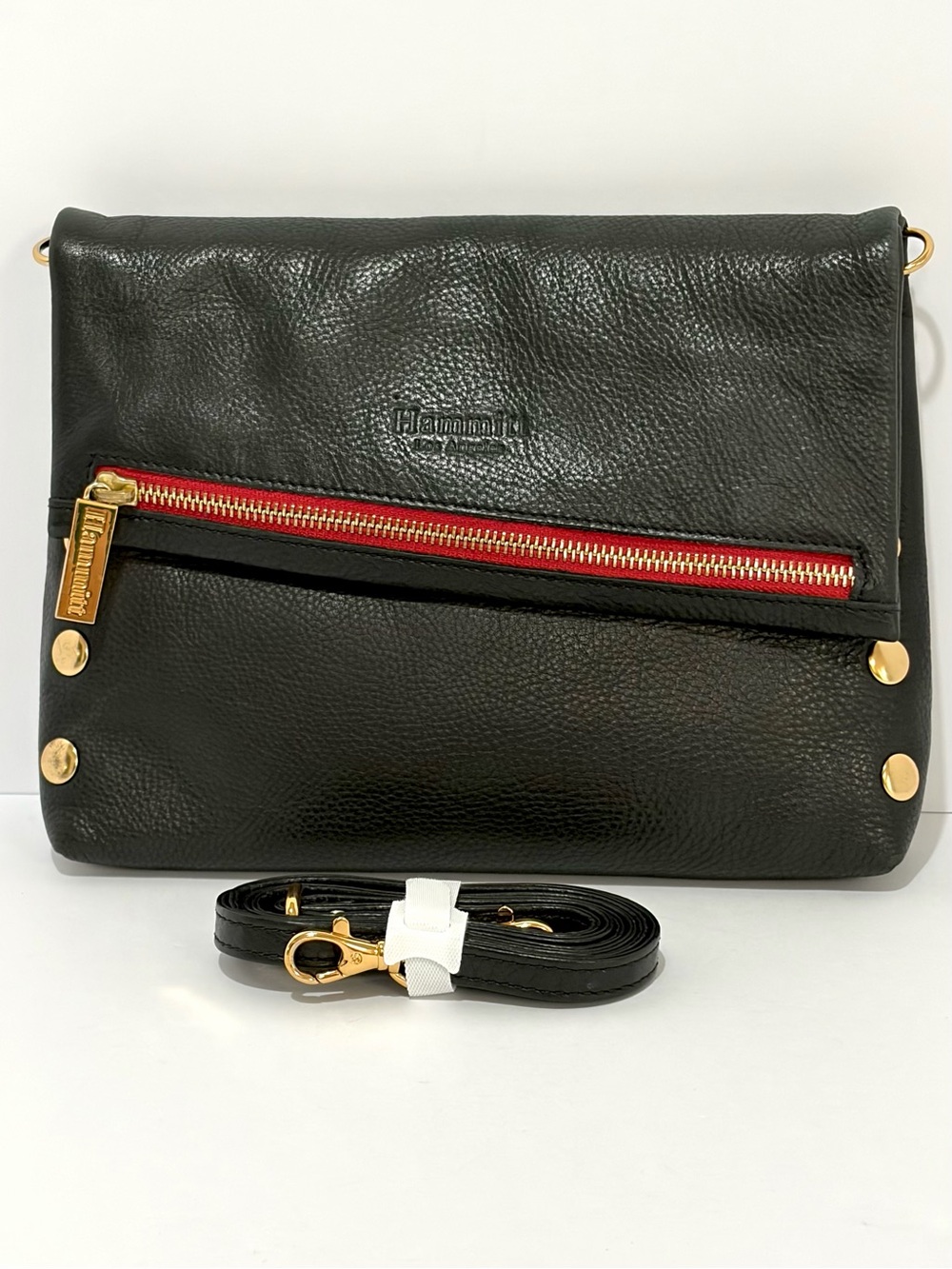 HAMMITT VIP Medium Clutch/Crossbody In Black Leather/Gold/Red Zip Vintage